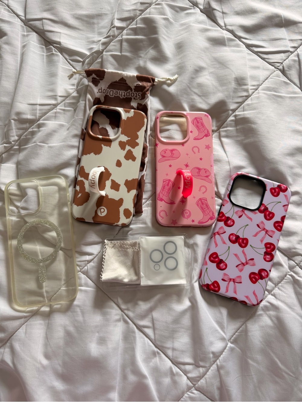 Loopy Pink Cowgirl, Loopy Brown Cow Print, Clear and Cherry iPhone Case Bundle
